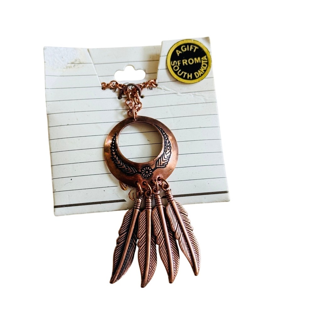 Vtg Copper Flower Feather Necklace Retro 70s Southwestern Souvenir South Dakota